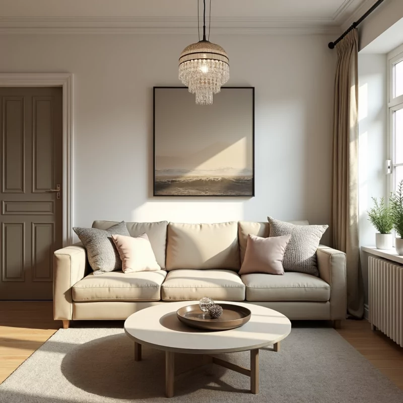 Living Room with sofa backing the door